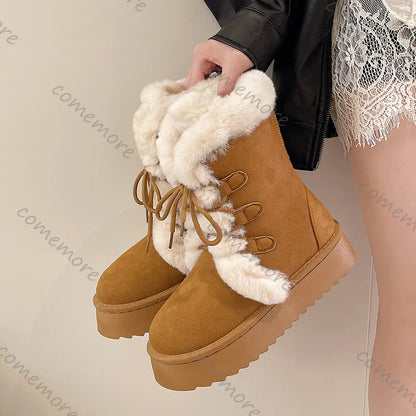 Comemore Women’s Winter Fur Snow Boots – Lace-Up Fluffy Plush Platform Ankle Boots with Thick Cotton Padding