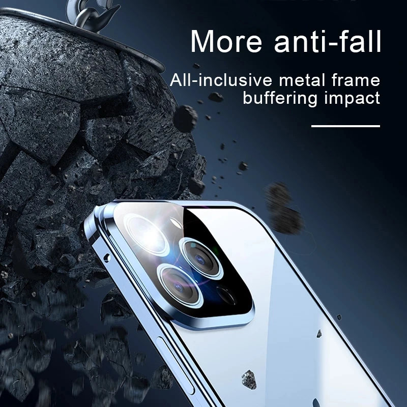 360° Full Protection Magnetic Metal Phone Case - Double-Sided Glass Cover with Lock Buckle for iPhone 11-16 Pro Max
