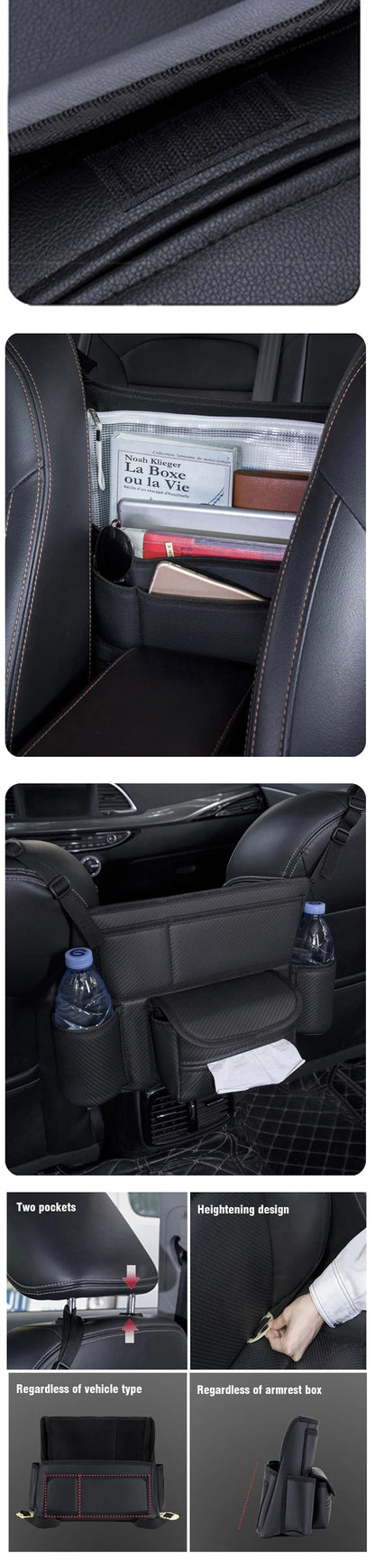 Car Seat Middle Hanger Leather Storage Bag – Multifunction Hanging Organizer with Handbag Holder, Water Cup & Tissue Pockets