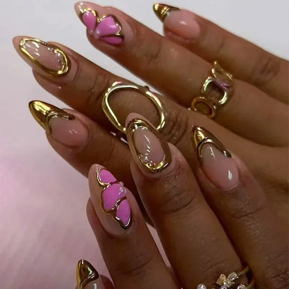 24PCS Pink Almond Press On Nails - Butterfly Ballet French Design Artificial Nail Tips for Stylish Nail Art