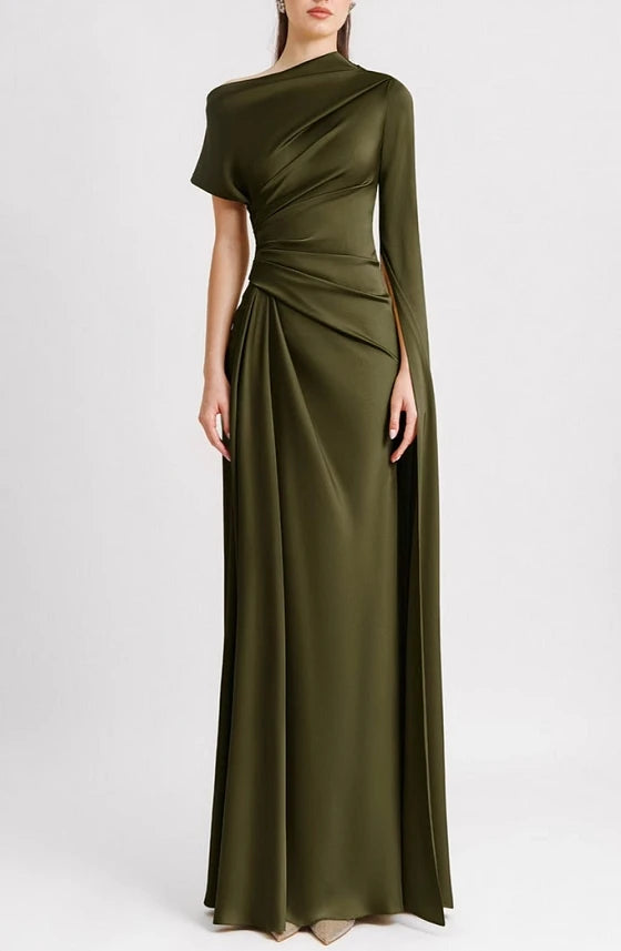 Women’s Solid Color Long Dress – Slanted Collar, Raglan Sleeves, Pleated Waist, Retro Elegant Commuting Style