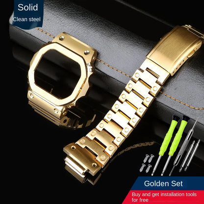 Gold and Black Stainless Steel Bezel and Strap Set for Casio G-Shock DW-5600, GW-B5600 & GW-M5610 - Metal Watch Case Modification Kit