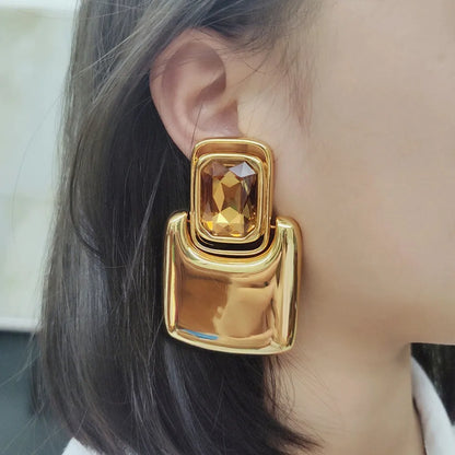 Vintage Large Geometric Crystal Earrings – Exaggerated Metal Statement Jewelry for Women