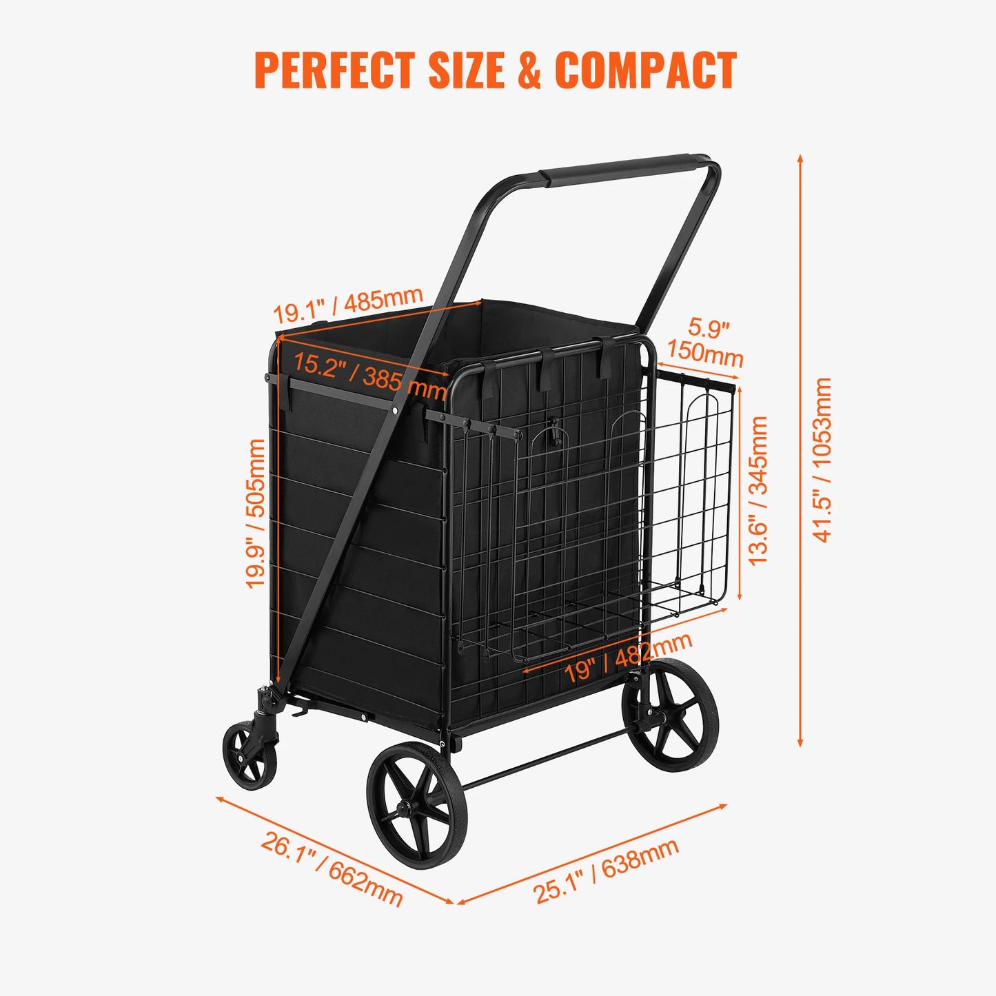 SucceBuy Folding Shopping Cart with Removable Waterproof Liner — Large Capacity 106/330LBS, 360° Swivel Wheels, Metal Mesh Base
