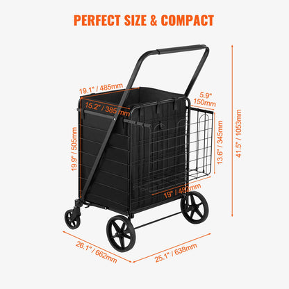 SucceBuy Folding Shopping Cart with Removable Waterproof Liner — Large Capacity 106/330LBS, 360° Swivel Wheels, Metal Mesh Base