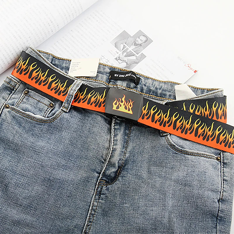 Hip Hop Fashion Canvas Belt – Personalized Flame Design, Casual & Punk Cowboy Belt for Men & Women