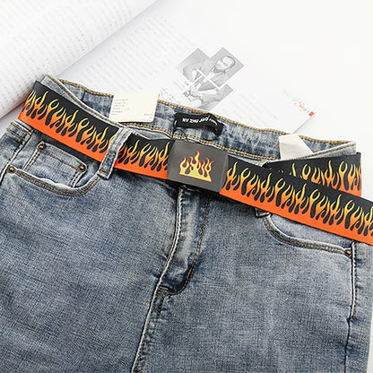 Hip Hop Fashion Canvas Belt – Personalized Flame Design, Casual & Punk Cowboy Belt for Men & Women