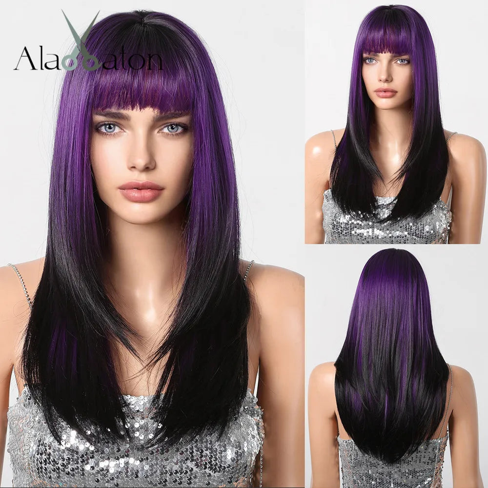 ALAN EATON Blonde Layered Synthetic Wig with Bangs – Long Straight Heat-Resistant Wig for Women & Girls, Natural Daily Hair
