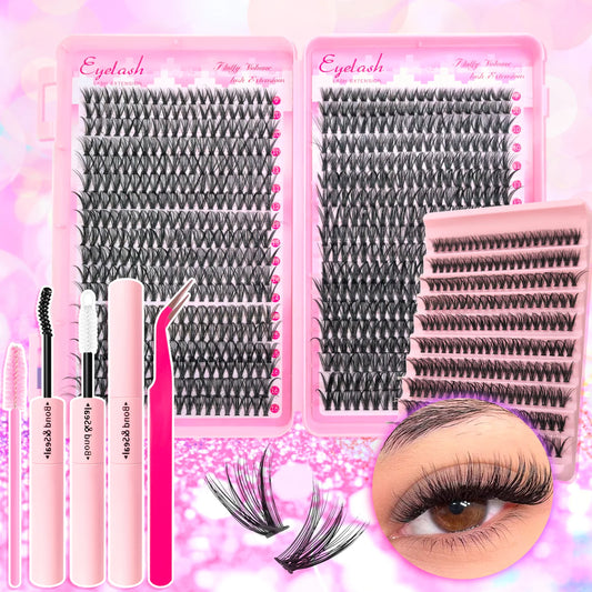 720/200pcs Eyelash Extension Kit – Fluffy Wispy Lash Clusters with Bond & Seal, Tweezers & Tools for Thick Volume DIY Lash Extensions