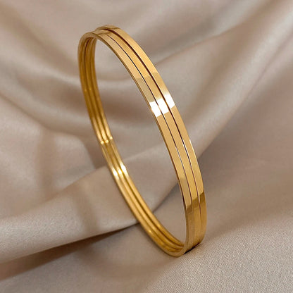 3-Piece 18K Gold-Plated Stainless Steel Bangle Set - Minimalist Glossy Waterproof Bracelets for Women