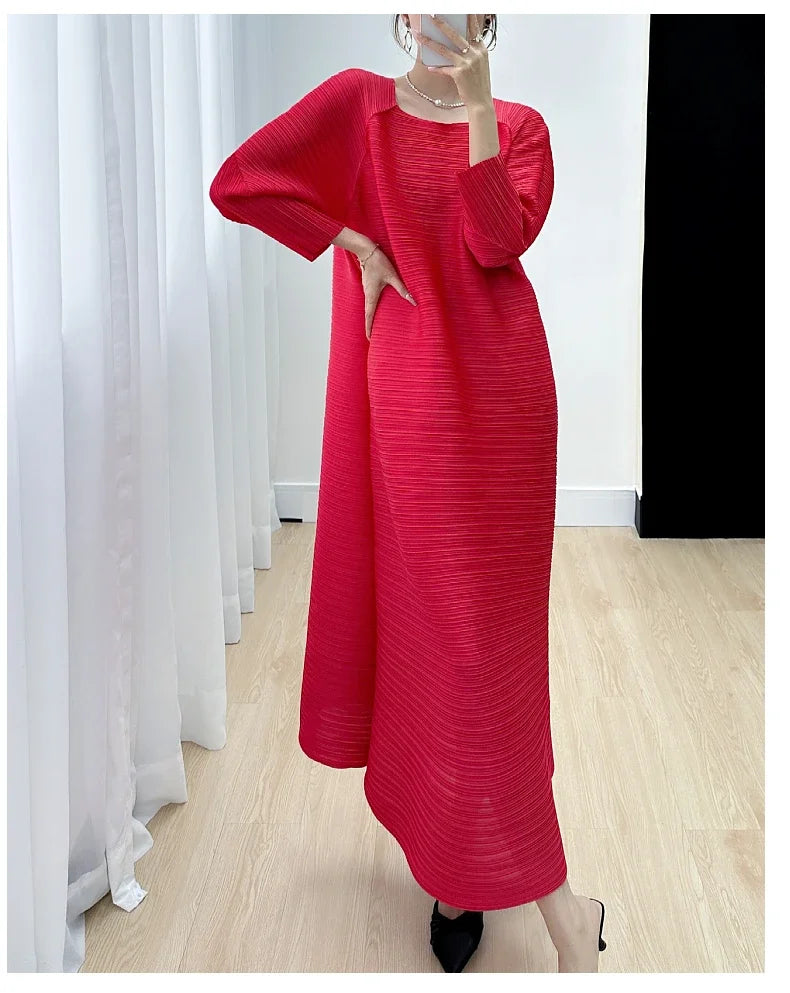 2023 Women's Miyake Pleated Long Dress – Full Sleeve, Round Neck, Korean Fashion, Plus Size Summer Style