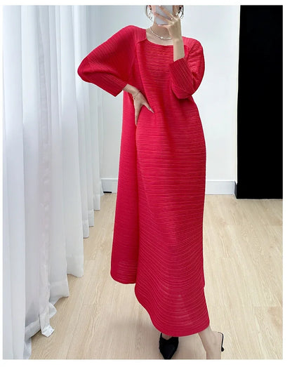 2023 Women's Miyake Pleated Long Dress – Full Sleeve, Round Neck, Korean Fashion, Plus Size Summer Style