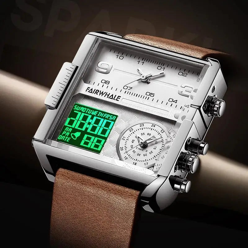 Mark Fairwhale Luxury Men’s Quartz Watch - Brown Leather Strap Military Waterproof Square Wristwatch