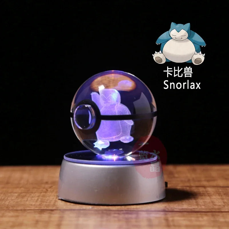 Anime Pokemon 3D Crystal Ball – Snorlax & Charizard Engraved Pokeball Figure with LED Light Base, Kids Gift