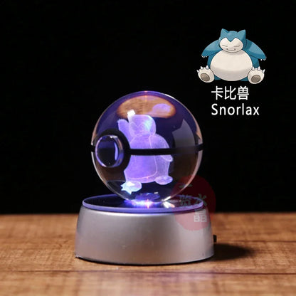 Anime Pokemon 3D Crystal Ball – Snorlax & Charizard Engraved Pokeball Figure with LED Light Base, Kids Gift