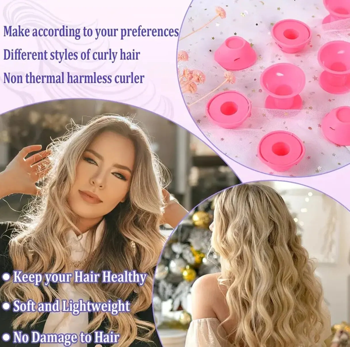 Pink Magic Silicone Hair Curlers – Soft Rubber No Heat, No Clip Hair Rollers with Bag & Hairnet for Curling