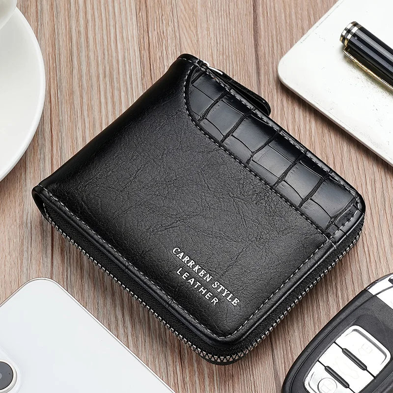 Leather Men's Wallet – Luxury Zipper Purse with Card Holders and Coin Pocket, RFID Protection, Perfect Gift for Men