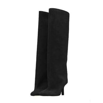 Women’s Suede Wide-Calf Knee-High Boots – Square Toe Stiletto Pull-On Riding Style Casual Chic Footwear