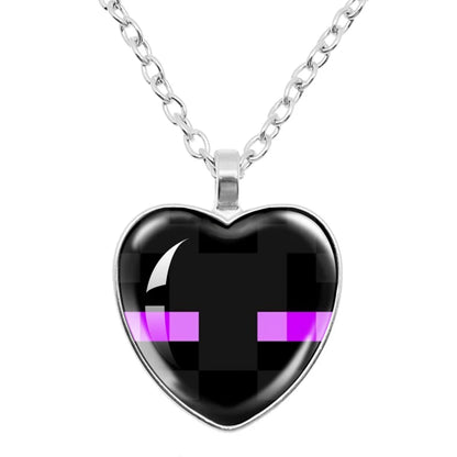 Funny Pixel Block Cartoon Pendant Necklace – 25mm Glass Heart-Shaped Charm, My World Theme Jewelry Gift