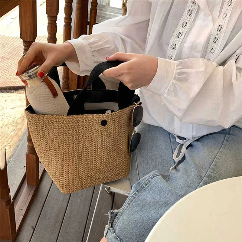 Women’s Bohemian Beach Straw Bag – Handmade Woven Rattan Bucket Shoulder & Crossbody Handbag