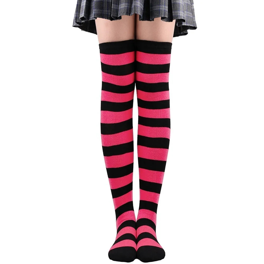Color Striped Japanese Over-Knee Socks – Fashionable Slim Fit Black & White Stockings for Women