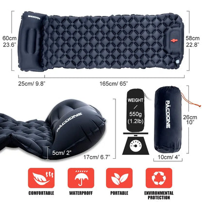 Outdoor Ultralight Inflatable Camping Mattress - Sleeping Pad with Pillows and Built-In Inflator Pump for Hiking