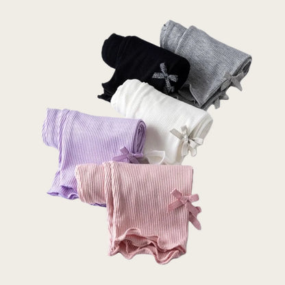 Girls Summer Bow Leggings - Solid Color Elastic Waist 7/8 Length Breathable Kids Pants 3-10Y