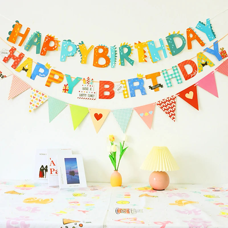 Colorful Happy Birthday Banner – Macaron, Dinosaur & Astronaut Flags for Birthday & Baby Shower Decorations