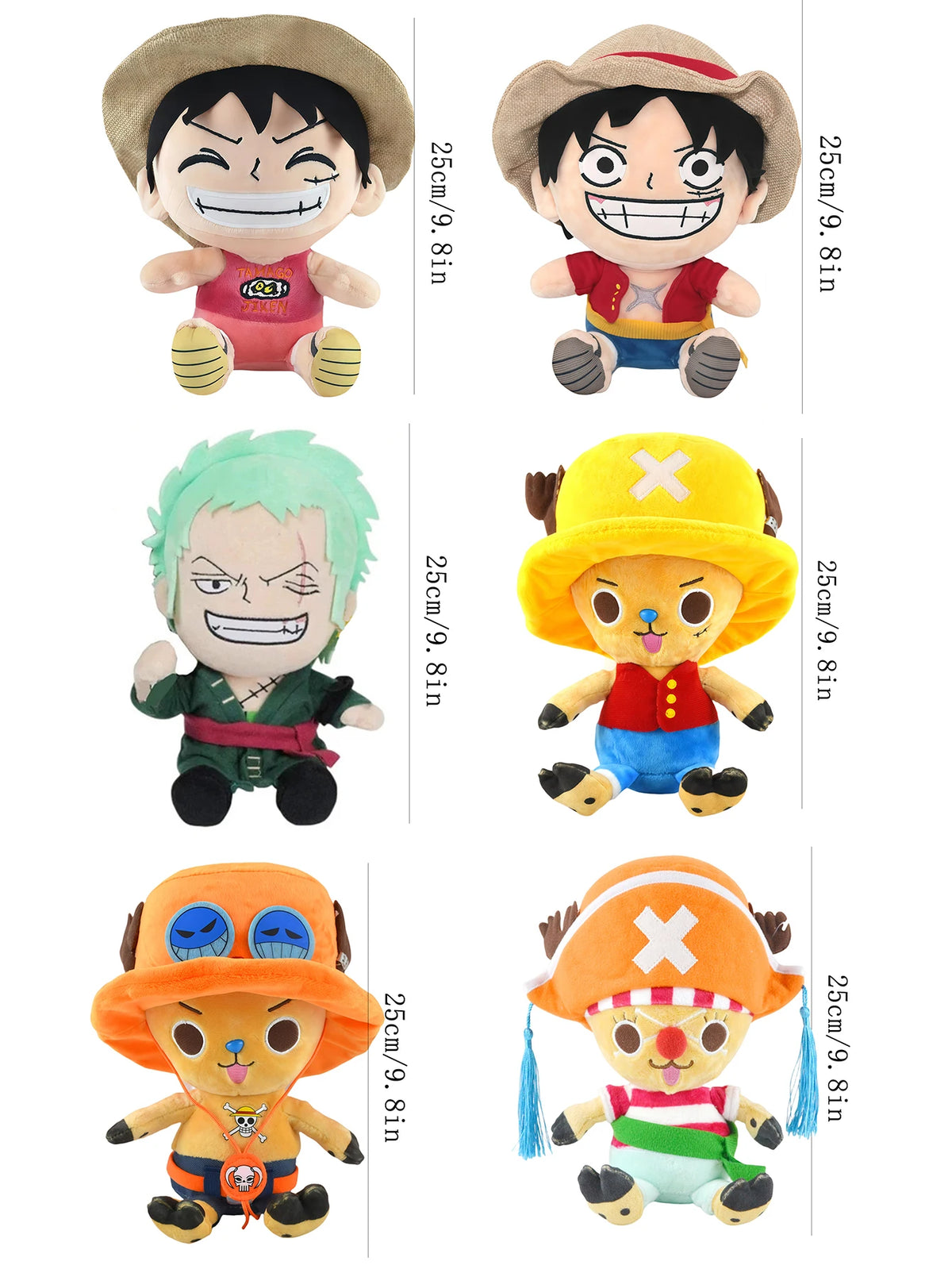 25CM One Piece Anime Plush Toys - Luffy, Chopper, Ace and Zoro Cute Stuffed Character Dolls for Fans and Gifts