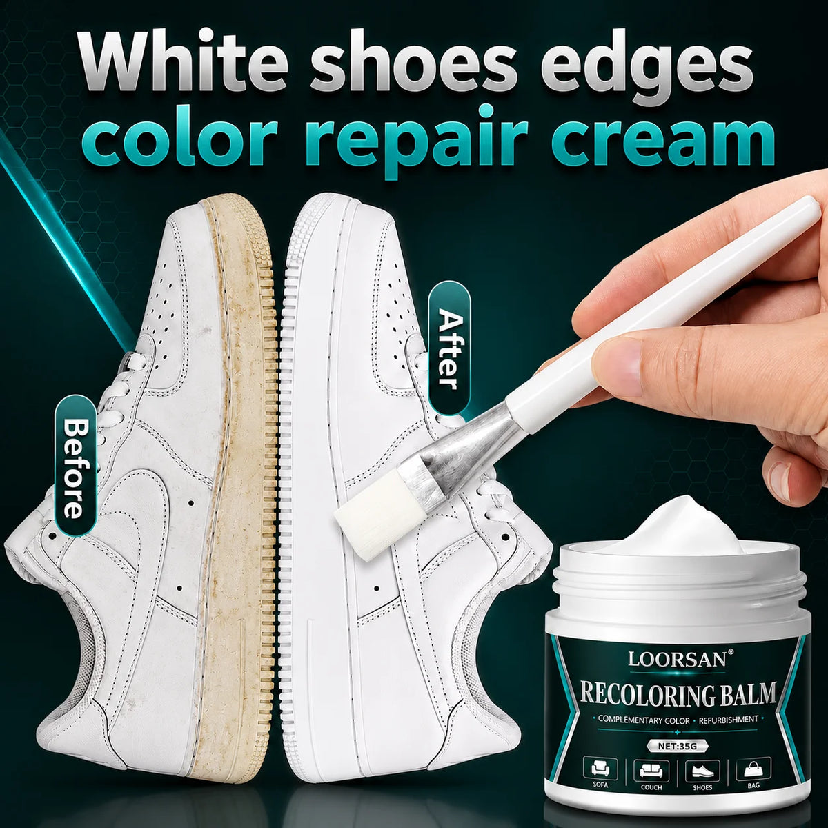 White Leather Shoe Recoloring Paste 35g - Sneaker Edge Touch-Up Balm with Brush for Stains, Scratches, and Oxidation Marks