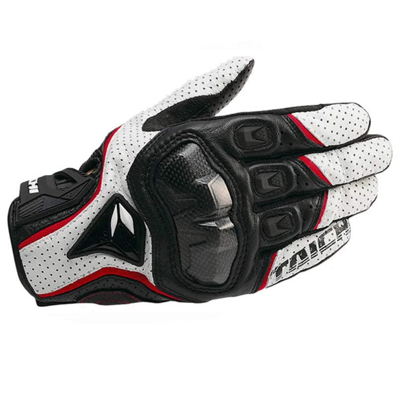 Motorcycle Gloves – Black Racing Genuine Leather, White Road Riding Team Gloves for Men, Summer & Winter with Touch Screen Compatibility