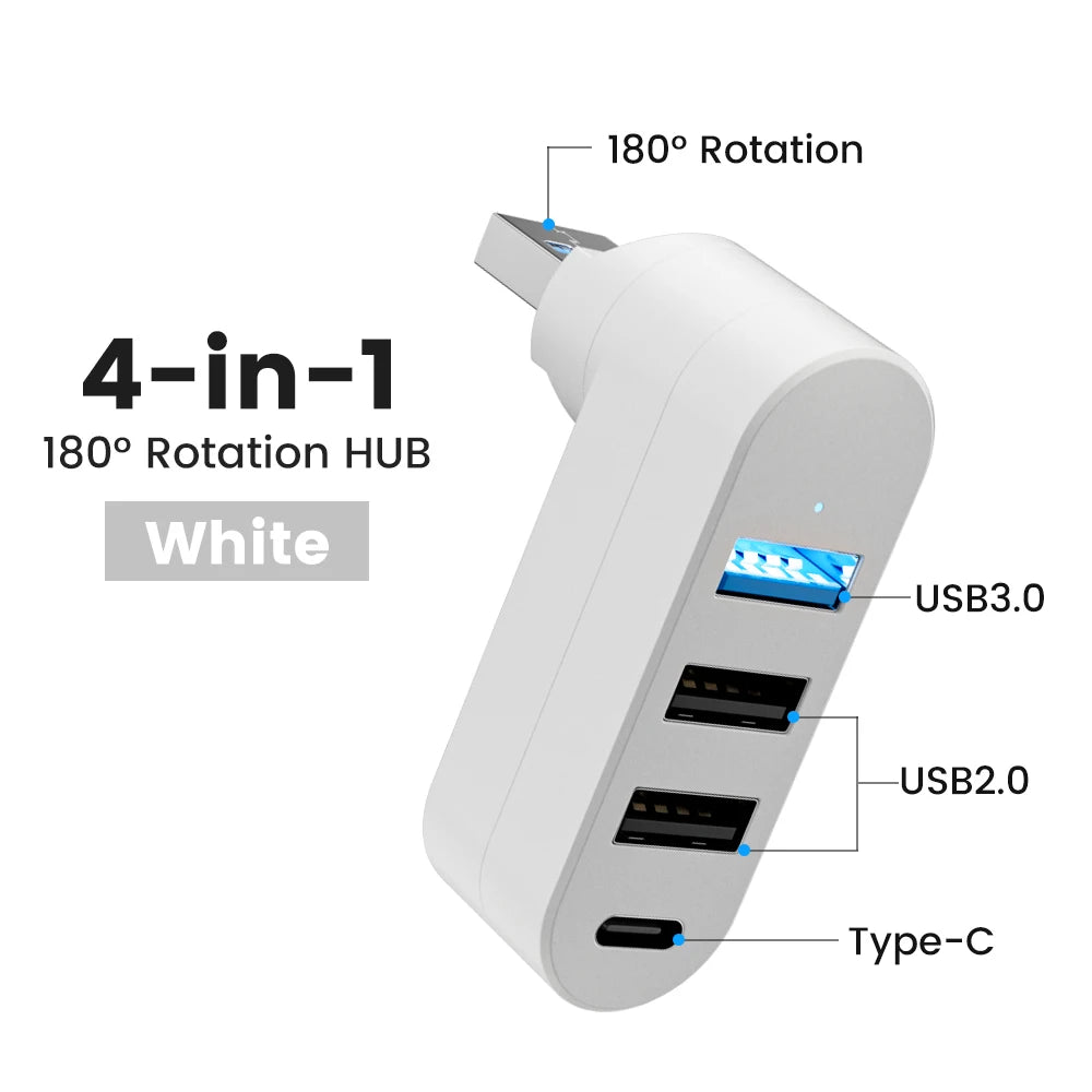 Elough 4-Port USB Hub - 180° Rotatable USB 3.0/2.0 and Type-C Data Transfer Adapter for Laptop, MacBook, and PC