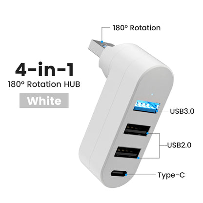 Elough 4-Port USB Hub - 180° Rotatable USB 3.0/2.0 and Type-C Data Transfer Adapter for Laptop, MacBook, and PC