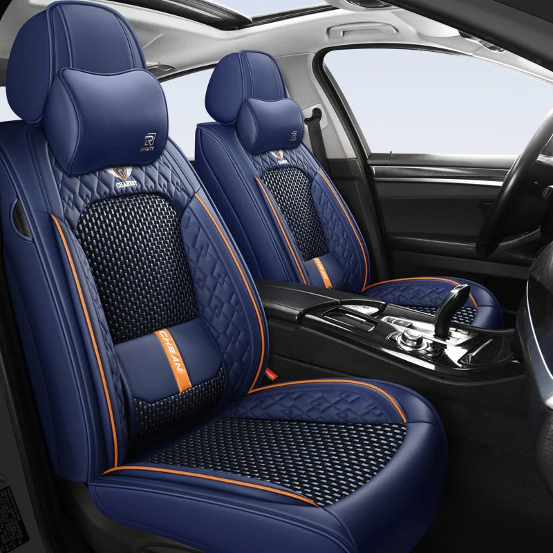 Universal 5-Seat Nappa Leather Car Seat Covers - Four-Season Ice Silk Cushion Set with Fixed Lumbar Support for Most Cars