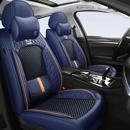 Universal 5-Seat Nappa Leather Car Seat Covers - Four-Season Ice Silk Cushion Set with Fixed Lumbar Support for Most Cars