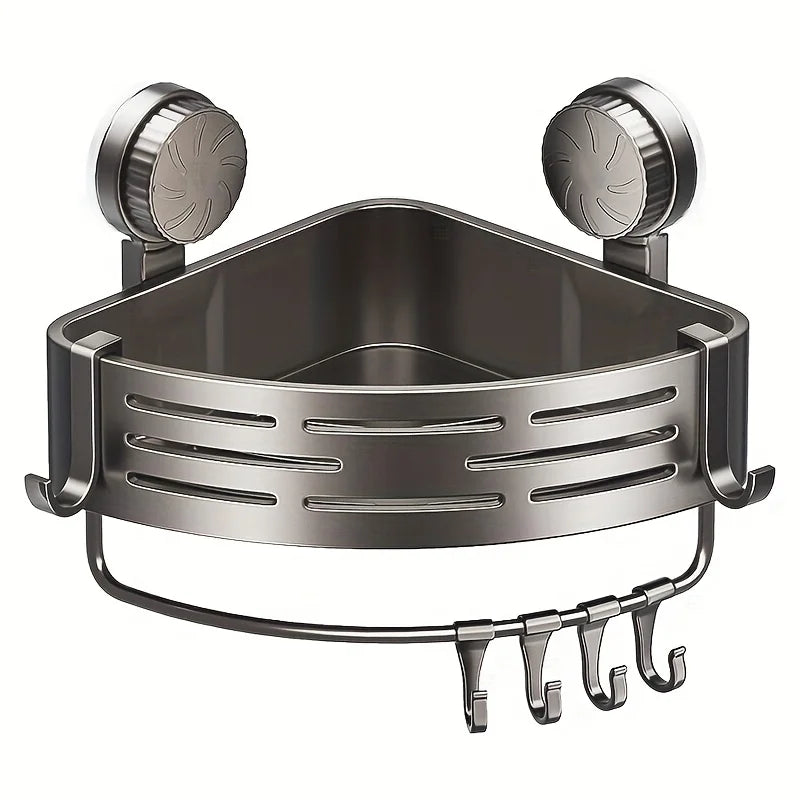Space-Saving Suction Cup Bathroom Shelf — No-Drill Triangular Rack with Hooks for Shower & Toilet Storage