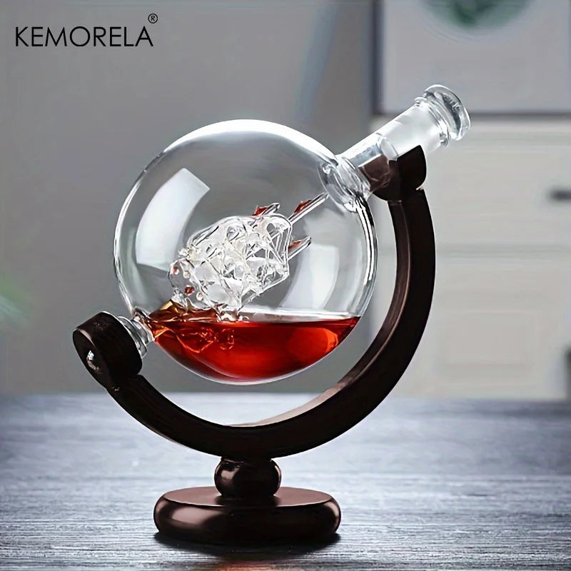 900ML Globe Whiskey Decanter Set – Lead-Free Carafe with Wood Stand & 2 Glasses