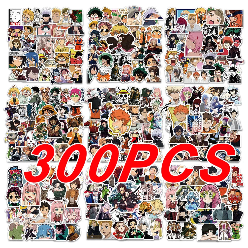 300PCS Mixed Anime Stickers - Waterproof Cartoon Decals for Cars, Walls, Laptops & DIY Crafts