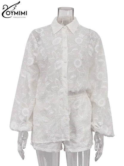 Oymimi Women’s Summer 2-Piece Cotton Set – White Jacquard Button Shirt & High Waist Shorts Casual Outfit for Women