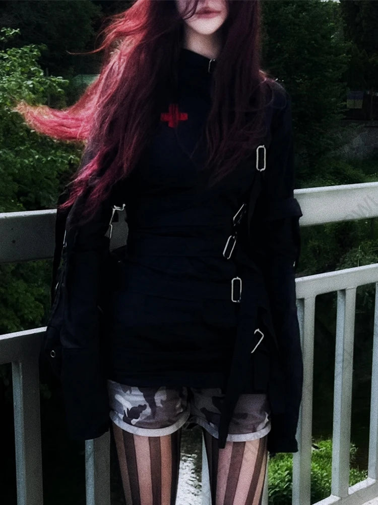 Emo Gothic Punk Jirai Kei Women’s Jacket - Y2K Harajuku Lace-Up Grunge Gyaru Streetwear Coat