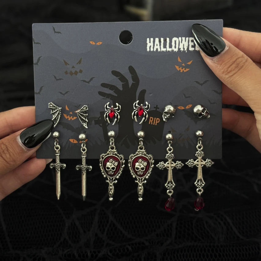 Halloween Crystal Skull Spider Drop Earrings - Gothic Red Crystal Cross and Rose Metal Earrings for Women