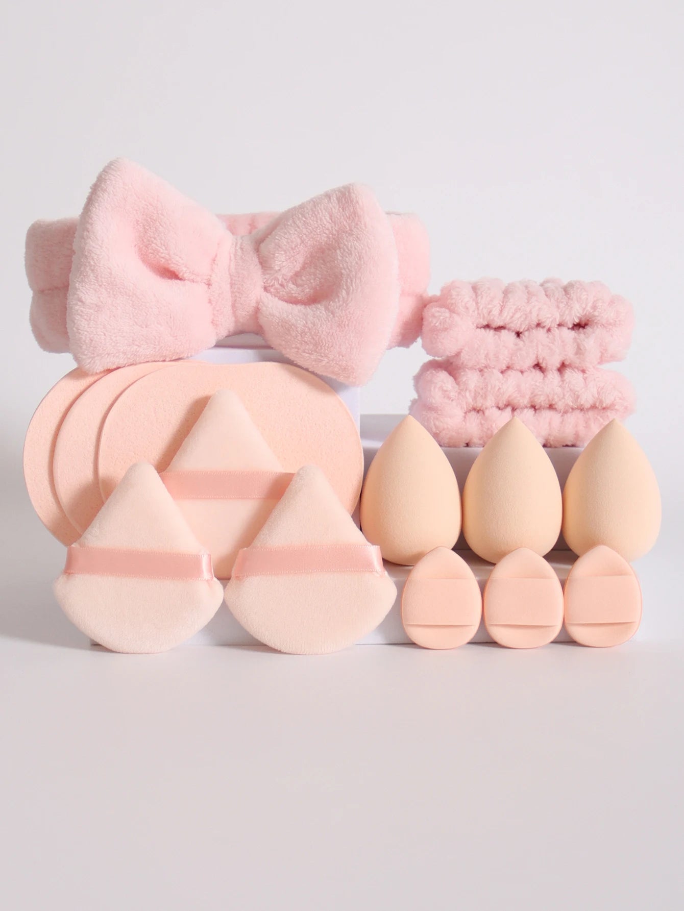 15Pcs Multi-Colored Fluffy Headband & Makeup Sponge Set - Sweet Style Beauty Essentials