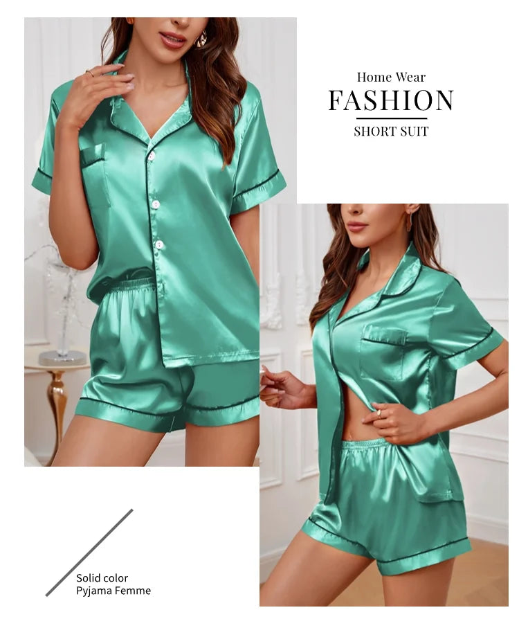 Women's Satin Pajamas Set – Summer Two-Piece Sleepwear with Button-Down Top and Shorts, Comfortable Nightwear Loungewear