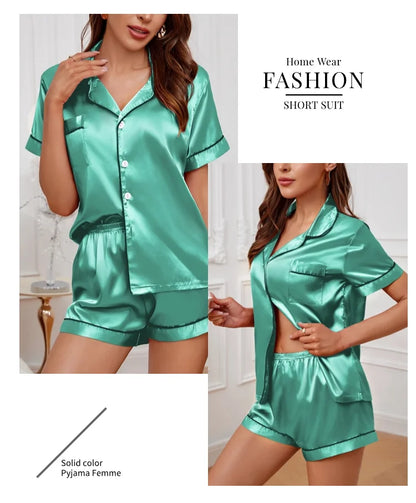 Women's Satin Pajamas Set – Summer Two-Piece Sleepwear with Button-Down Top and Shorts, Comfortable Nightwear Loungewear