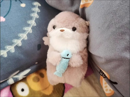 Cute Otters Holding Fish Plush Keyring - Lightweight Hanging Pendant, School Bag, Key Wallet & Toy Gift (11cm)