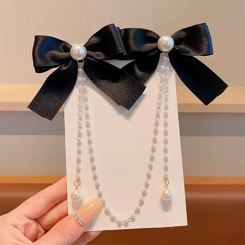 Sweet Princess Pink Pearl Bow Hair Clip – Cute Chain Hairpin for Women & Girls Back Head Fashion Hair Accessories