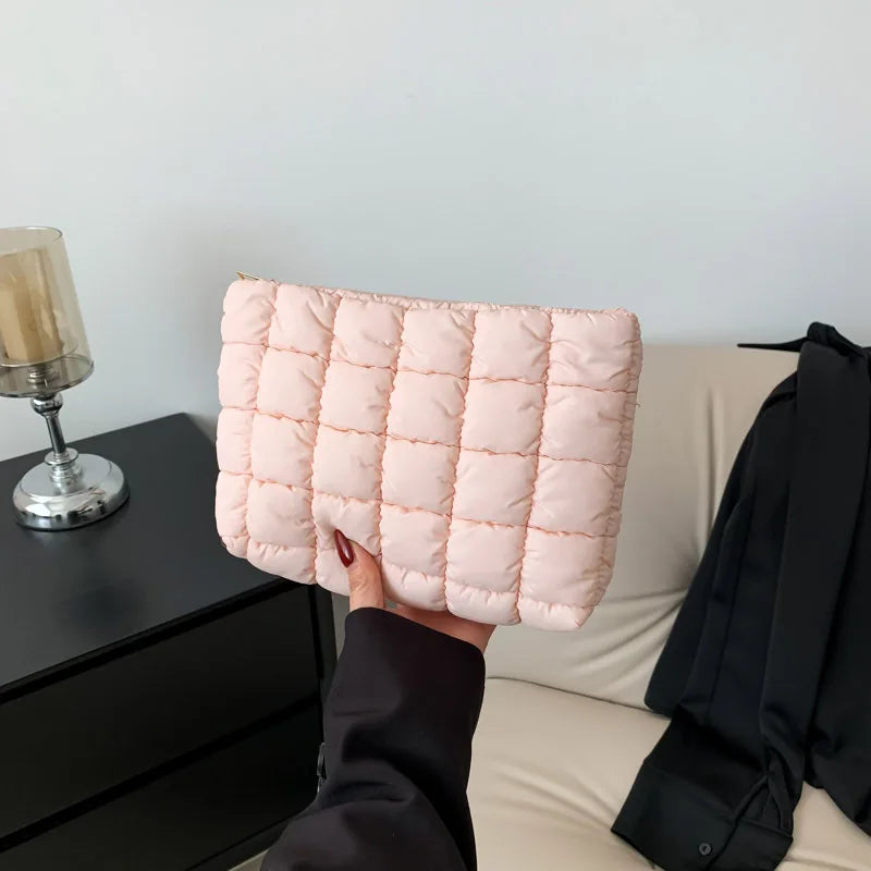 Women’s Quilted Cosmetic Bag — Portable Square Makeup Clutch & Small Toiletry Organizer Handbag