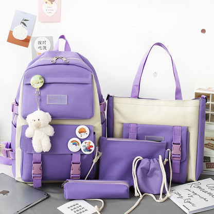 5-Piece School Bag Set – Canvas Backpacks for Teenage Girls & Women, Solid Color Student Schoolbags