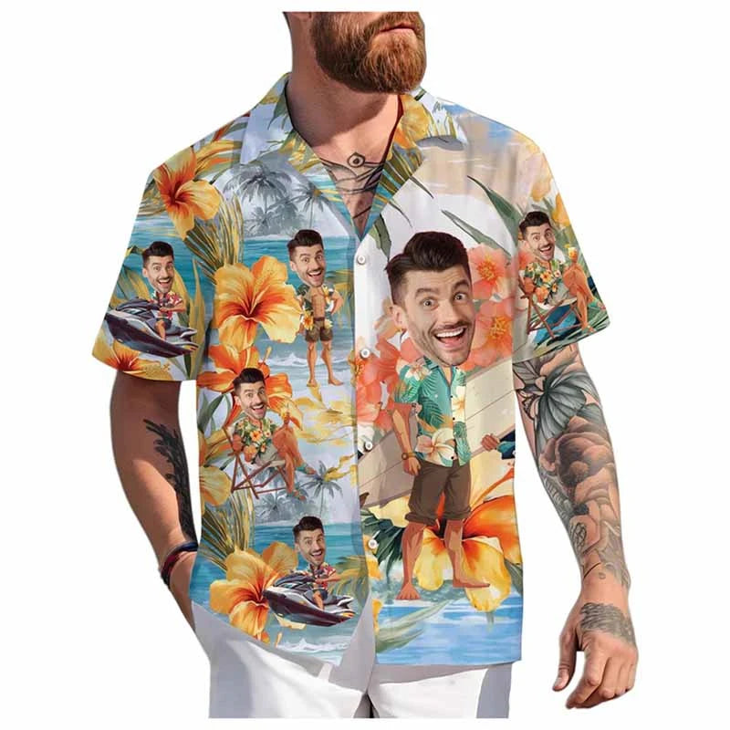 Custom Face Hawaiian Shirt - Personalized 3D Printed Unisex Beach Button-Up Short Sleeve Top