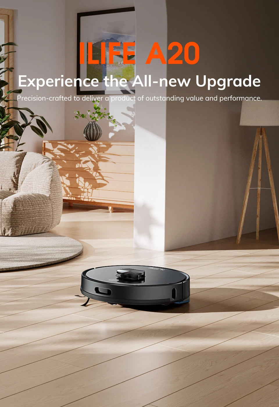 ILIFE A20 Robot Vacuum and Mop Combo – LiDAR Navigation, 3000Pa Suction, Smart Mapping, App/Alexa Control, Ideal for Pet Hair